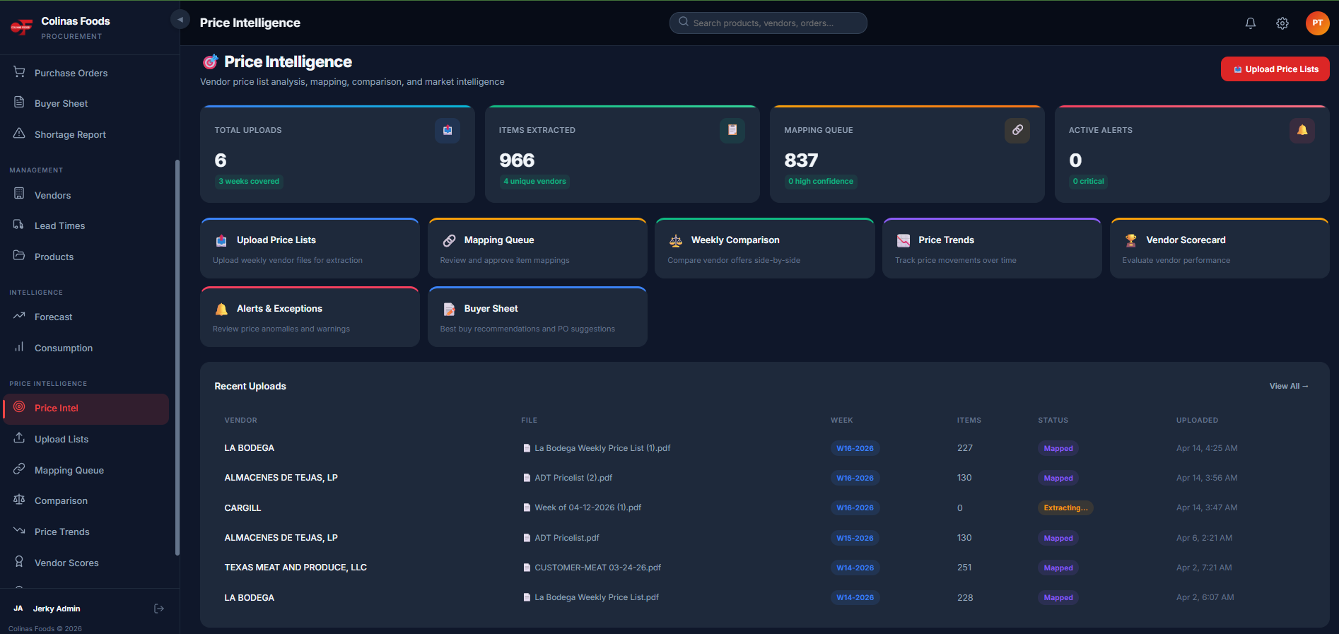 Colinas Foods Price Intelligence — automated vendor price extraction, mapping, and best-buy recommendations